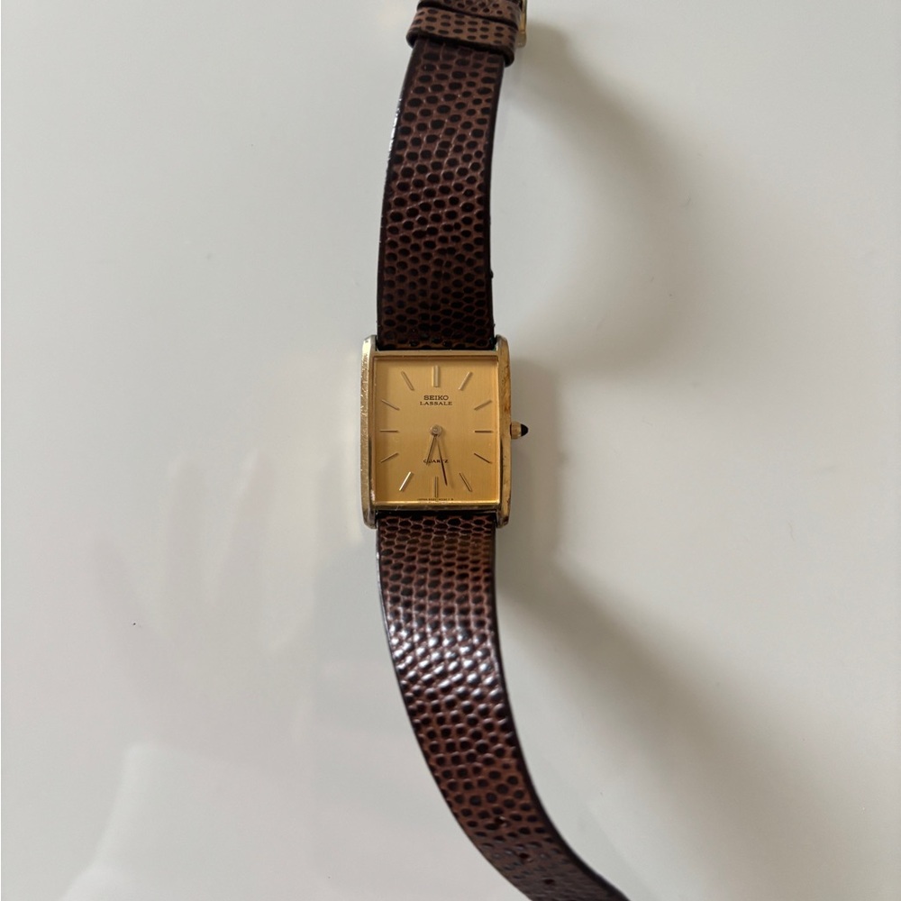 Seiko Gold-Tone Rectangular Watch with Brown Strap